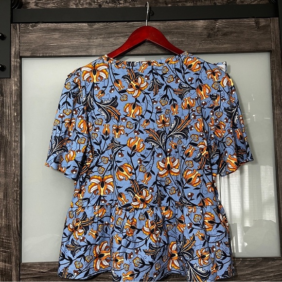 Zara Blue and Orange Floral Ruffle Peplum Top 100% Cotton Cottagecore Large - Picture 2 of 7